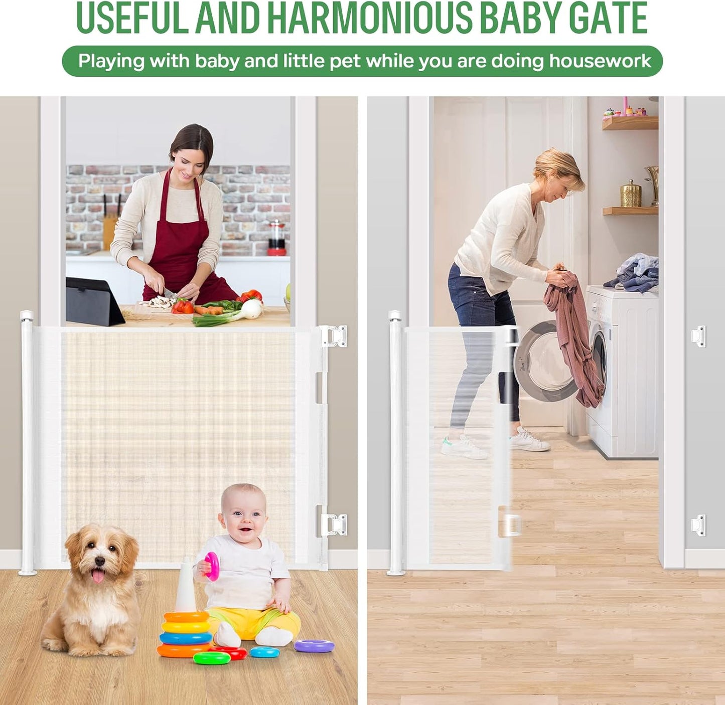 Retractable Baby Gate, Extra Wide Safety Kids or Pets Gate, 33” Tall, Extends to 55” Wide, Mesh Safety Dog Gate for Stairs, Indoor, Outdoor, Doorways, Hallways