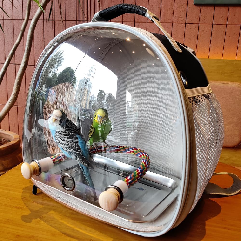 Small Bird Travel Backpack Carrier Cage, Backpack to Transport Backpack Carrier with Metal Tray Stand Perch for Parakeet Cockatiel Budgies Vet Carry Book Bag Grey