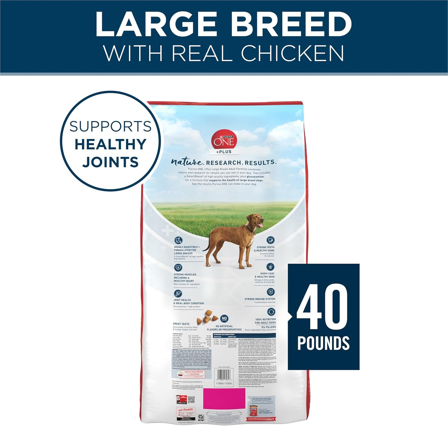 Purina ONE Plus Large Breed Adult Dog Food Dry Formula, Real Protein Rich Natural Chicken Flavor - 40 lb. Bag