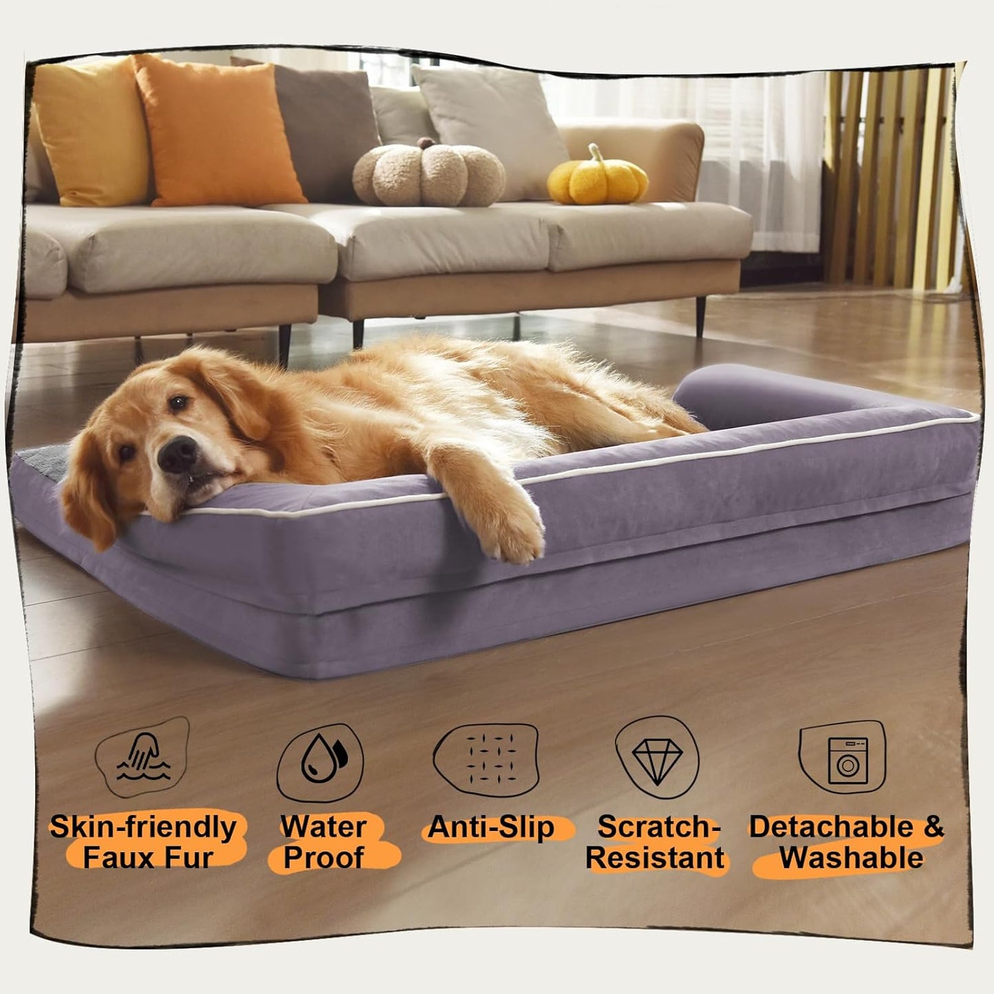 Dog Bed Medium Size Dog-Orthopedic Waterproof Bed for Dogs,Foam Couch Sofa with Washable Removable Cover & Non-Slip Bottom-Purple