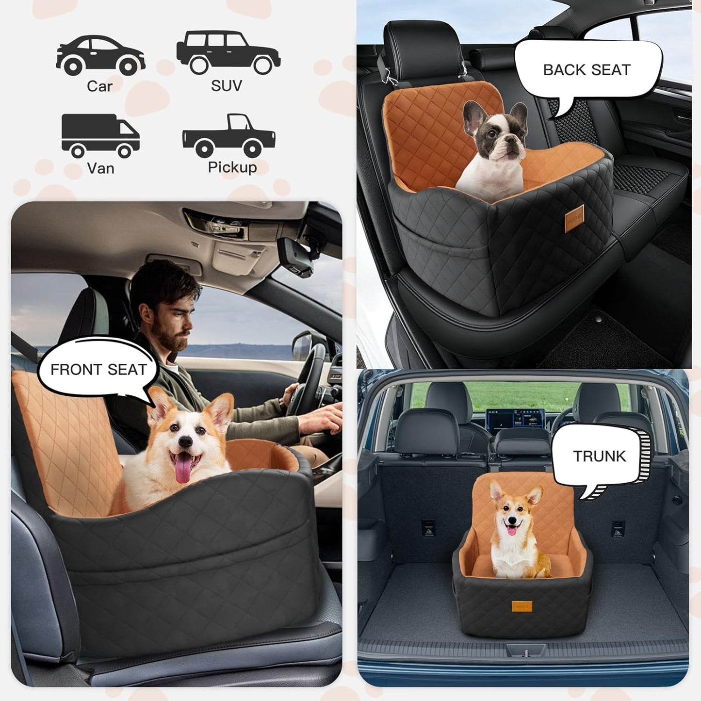 Dog Car Seat for Small/Medium Dogs Under 35lbs, Detachable & Washable Elevated Pet Travel Bed, 2 Storage Pockets & Safety Belt, Anti-Slip Base, Dog Booster Car Seat with Seamless Bottom Design