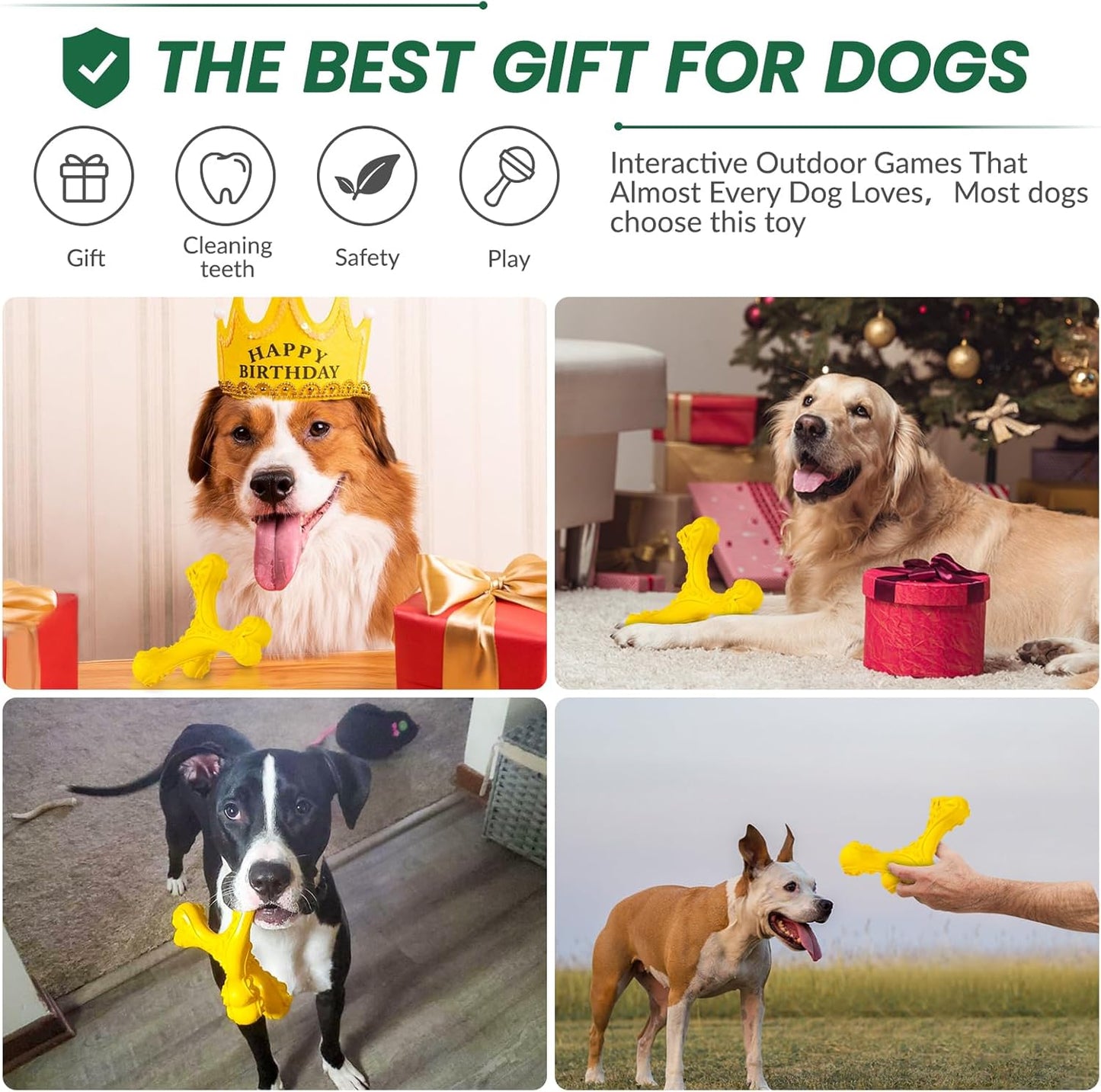 Dog Chew Toys for Aggressive Chewers Large Breed,Indestructible Bones Toy,Durable Cleaning Toothbrush Natural Rubber Dog Toys… (Yellow)