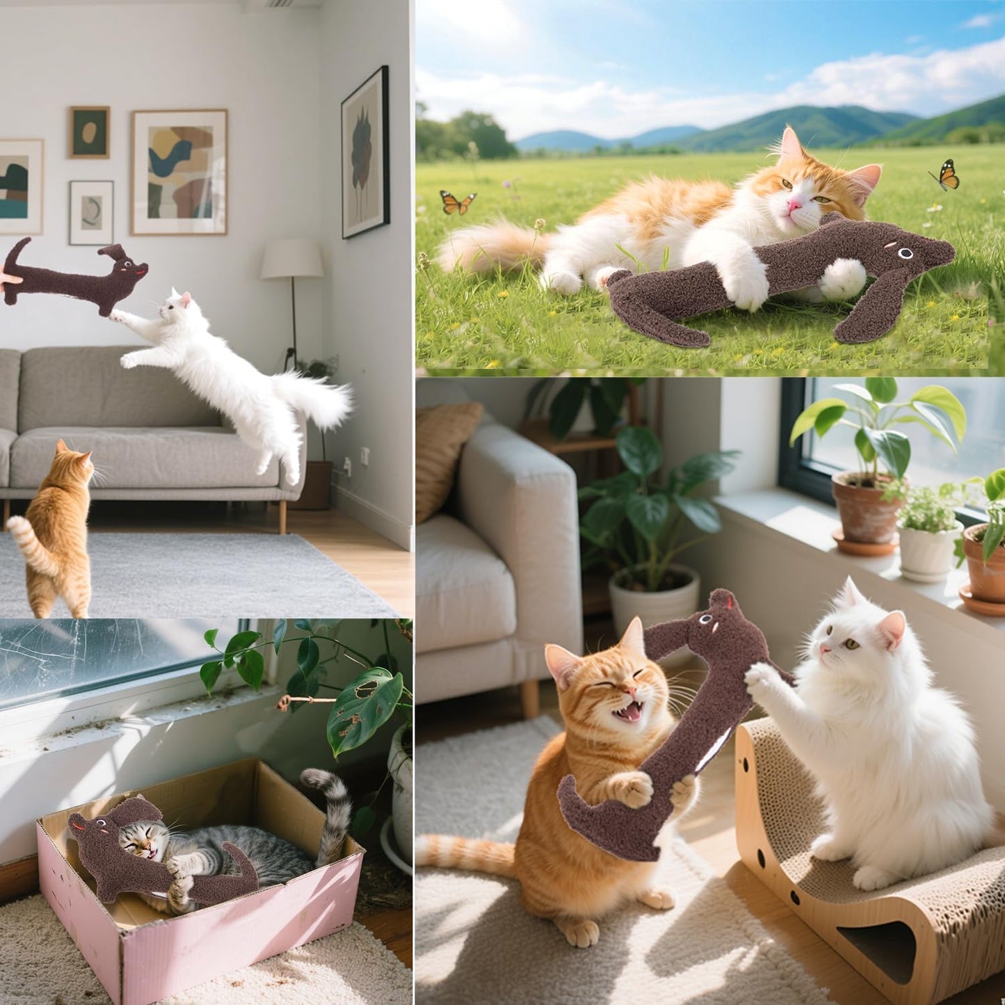 Cat Toy, Refillable Catnip Durable Kitty Kicker Toy, Puppy Shape, Plush and Crinkle Kitten Chew Toy for Kicking, Tossing, and Teeth Cleaning, Brown