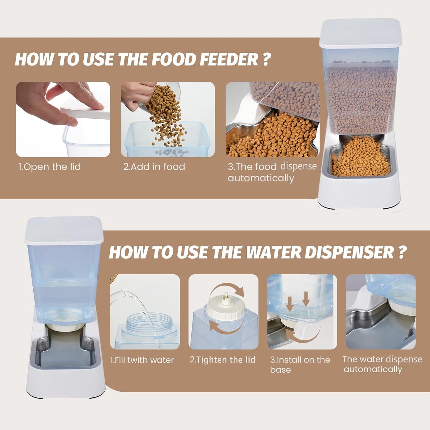 Automatic 5.4L/1.4Gal Pet Waterer, Automatic Dog Water Dispenser Gravity Stainless Steel Water Feeder, Large Capacity Feeding Bowls for Cats and Medium & Large-Sized Dogs (White, Food+Water)