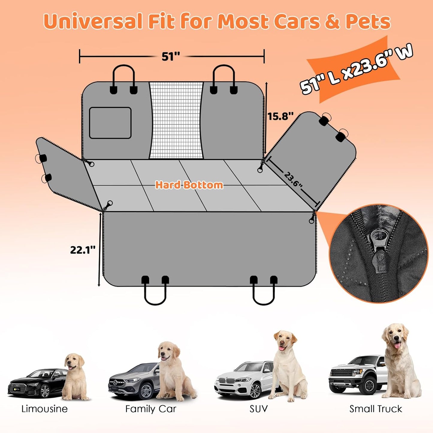 URPOWER Backseat Extender for Dogs - Hard Bottom Dog Car Seat Cover for Back Seat, Foldable Dog Hammock for Car, SUV, and Truck, Pet Rear Seat Protector Dogs Travel Bed with Mesh Window & Side Flaps