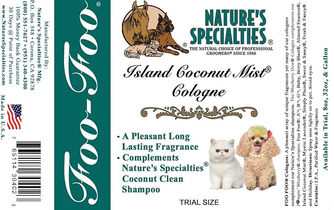 Nature's Specialties Island Coconut Mist Dog Cologne for Pets, Natural Choice for Professional Groomers, Ready to Use Perfume, Finishing Spray, Made in USA, 8 oz