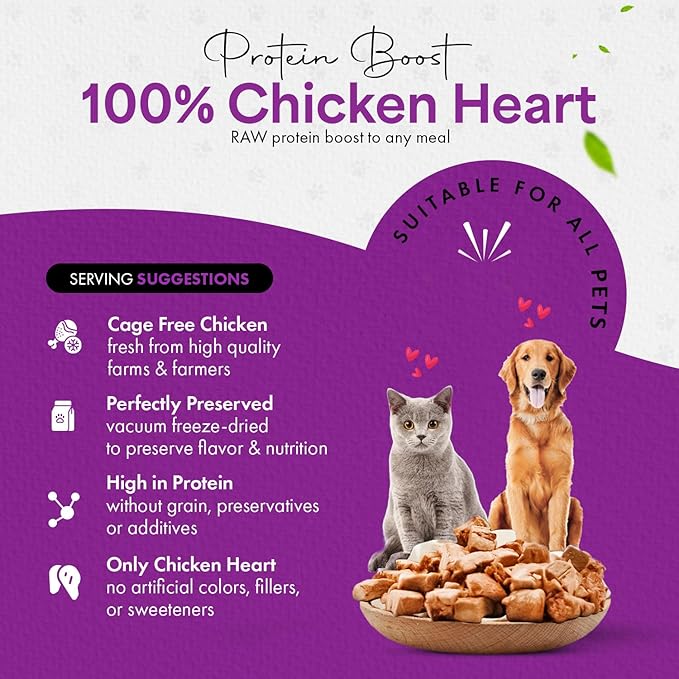 Freeze-Dried Chicken Heart Treats for Cats & Dogs – 100% Human Grade, Single Ingredient, High-Protein, Healthy Snack – No Additives or Preservatives – 2.6oz - Inspected & Tested in USA