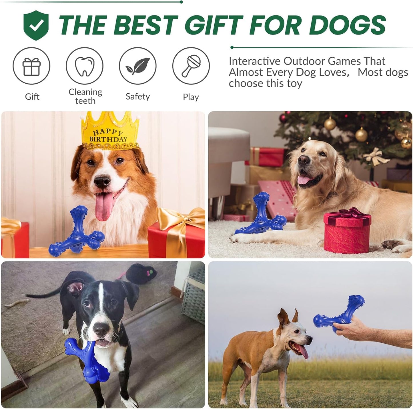 Dog Chew Toys for Aggressive Chewers Large Breed,Indestructible Bones Toy,Durable Cleaning Toothbrush Natural Rubber Dog Toys… (Deep Blue)