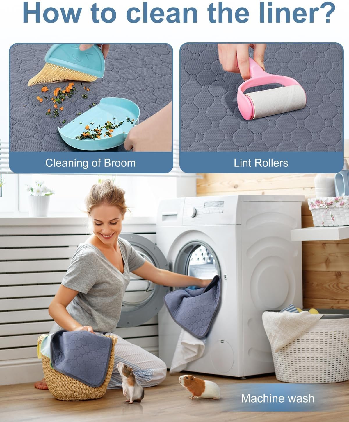 2 Pack 48" x 24" Guinea Pig Cage Liner, Washable Reusable Bedding, Waterproof Absorbent Pee Pad Non-Slip Mat for Small Animals, Rabbit, Hamster, Rat, Chinchilla