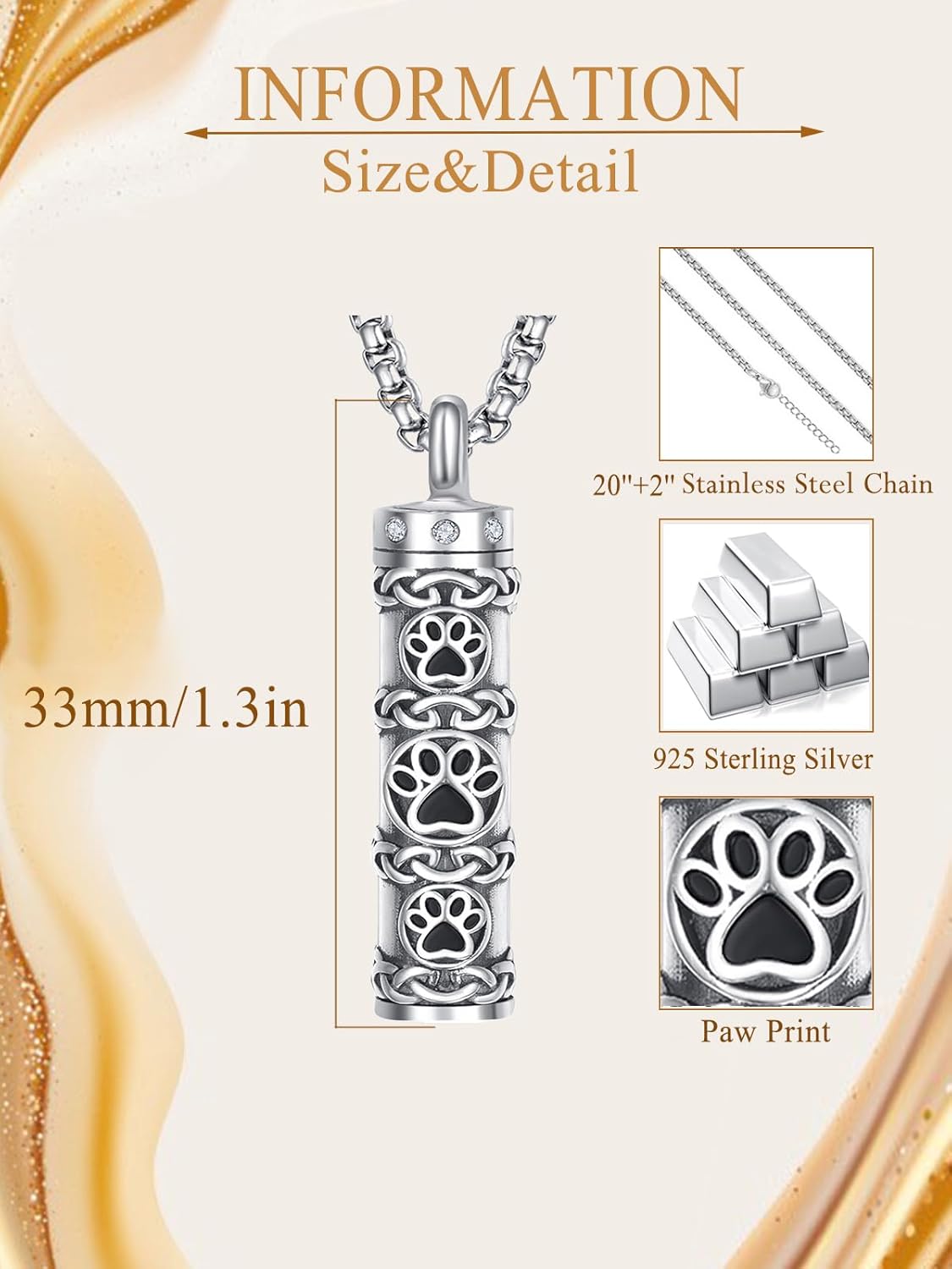 Pet Cremation Urn Necklace for Dog Cat Ashes 925 Sterling Silver Paw Print Keepsake Pendant Celtic Knot Memorial Jewelry for Women Men