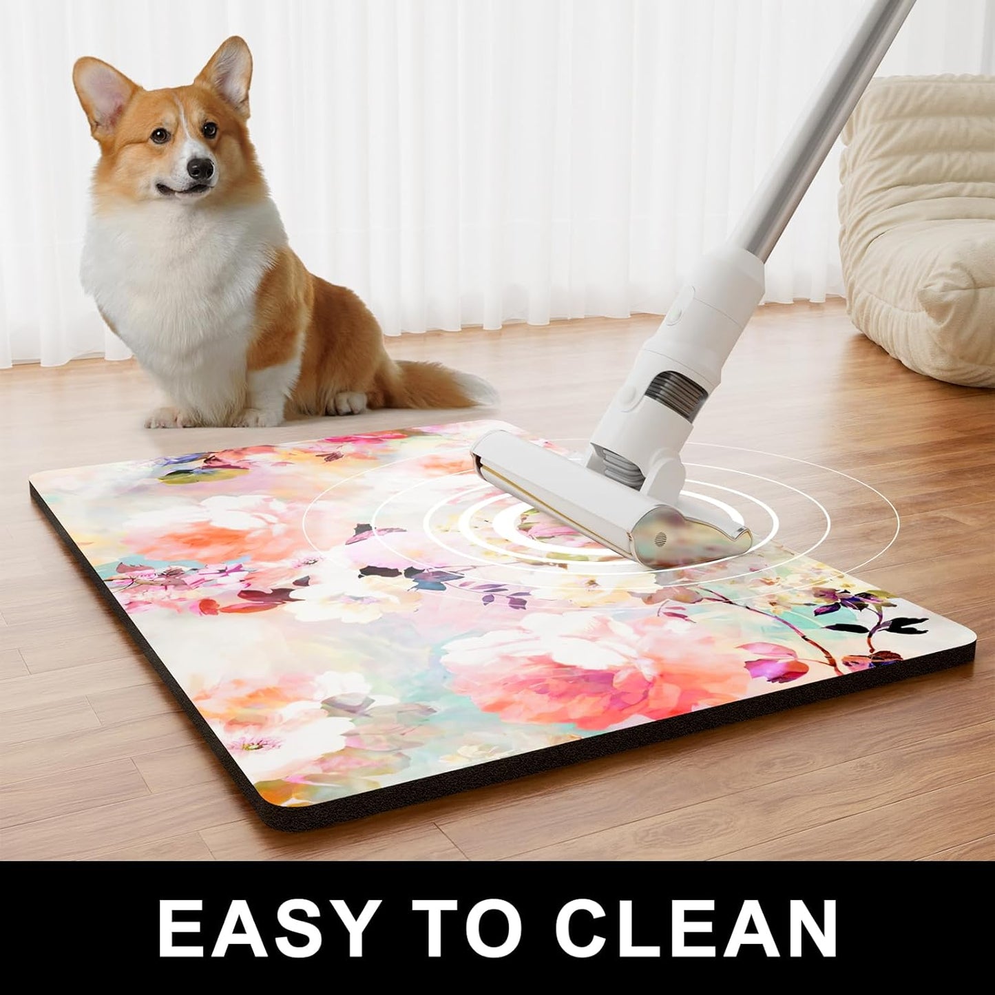 Dog Food Mat, 16" x 24" Flower Absorbent Dog Cat Bowl Mat for Food and Water, Cute Anti-Slip Rubber Pet Feeding Rug Protect Floors, Placemat for Feeding & Watering Supplies, Pink