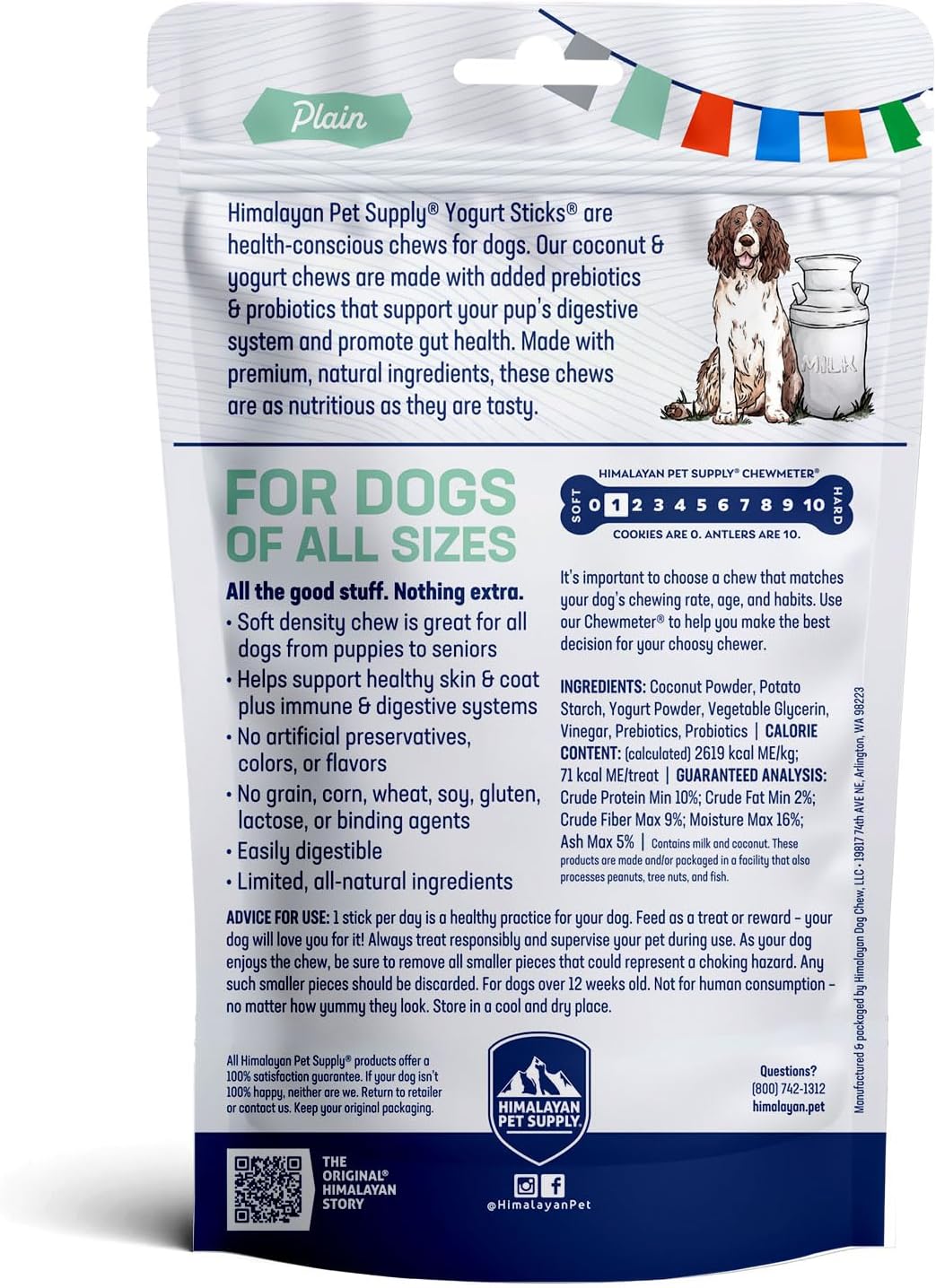 Himalayan Dog Chew Yogurt Sticks, Plain Flavored, Dog Treats With Prebiotics, Probiotics & Protein, Digestive Support, Lactose & Gluten Free, Natural Dog Treat for All Breeds, Made in America, 5 Count