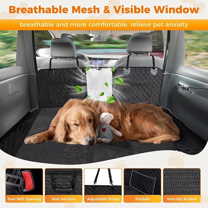 KingCamp 2025 Upgrade Dog Car Seat Cover for Back Seat, Waterproof Scratch Proof Dog Hammock with Hard Bottom 600D Heavy Duty Nonslip Durable Seat Protector with Mesh Window for Cars, SUVs