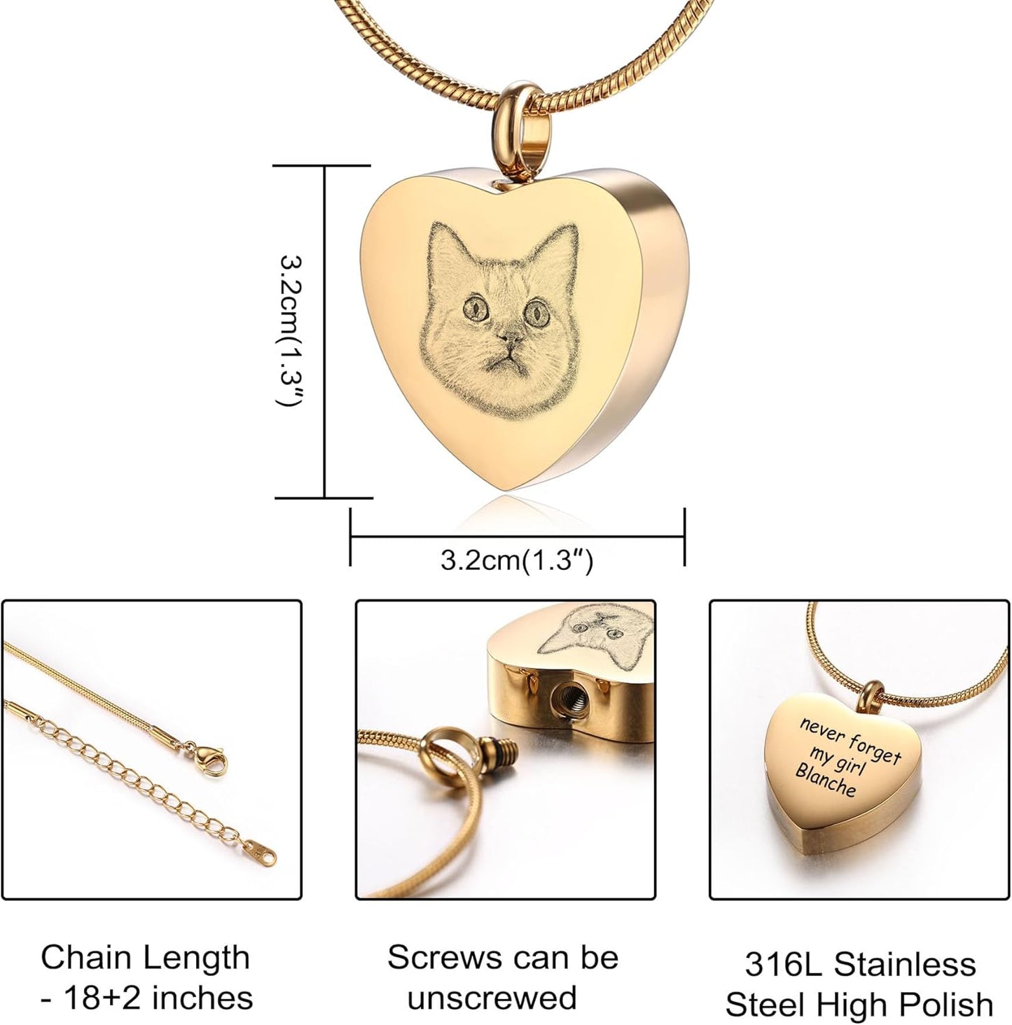MeMeDIY Personalized Heart Paw Print Ashes Urn Pendant Necklace Custom Name/Photo/Date for Women Men Pet Lover Stainless Steel Memorial Dog Cat Pet Keepsake with Funnel Fill Kit Angel Wing