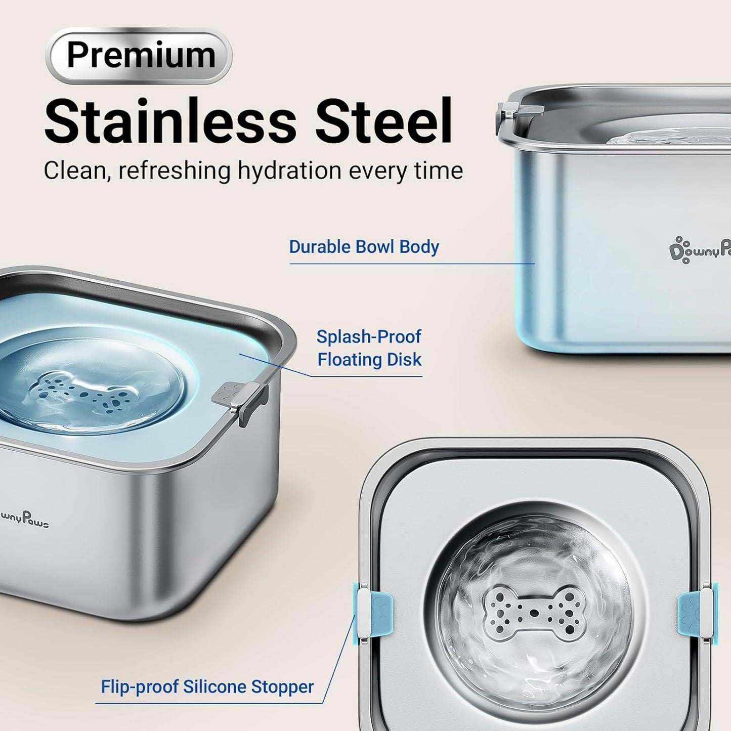 DownyPaws No Spill Water Bowl for Dogs,101oz/3L Stainless Steel Slobber Stopper, No Drip Slow Drinking Dog Water Bowl, No Mess Dog Water Dispenser Spill Proof, Dishwasher Safe, Silver