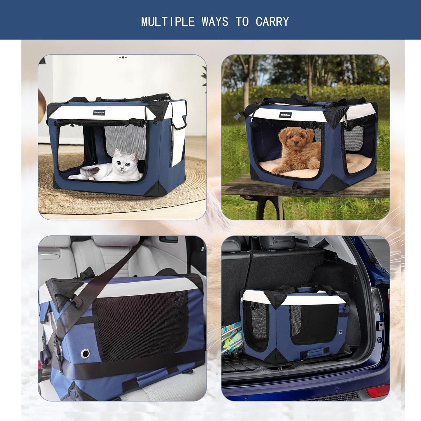 Large Cat Carrier, Collapsible Dog Travel Crate Portable Soft-Sided Pet Carrier with Super Soft Warm Plush Mat for Indoor and Outdoor 24x16x16in,Navy Blue