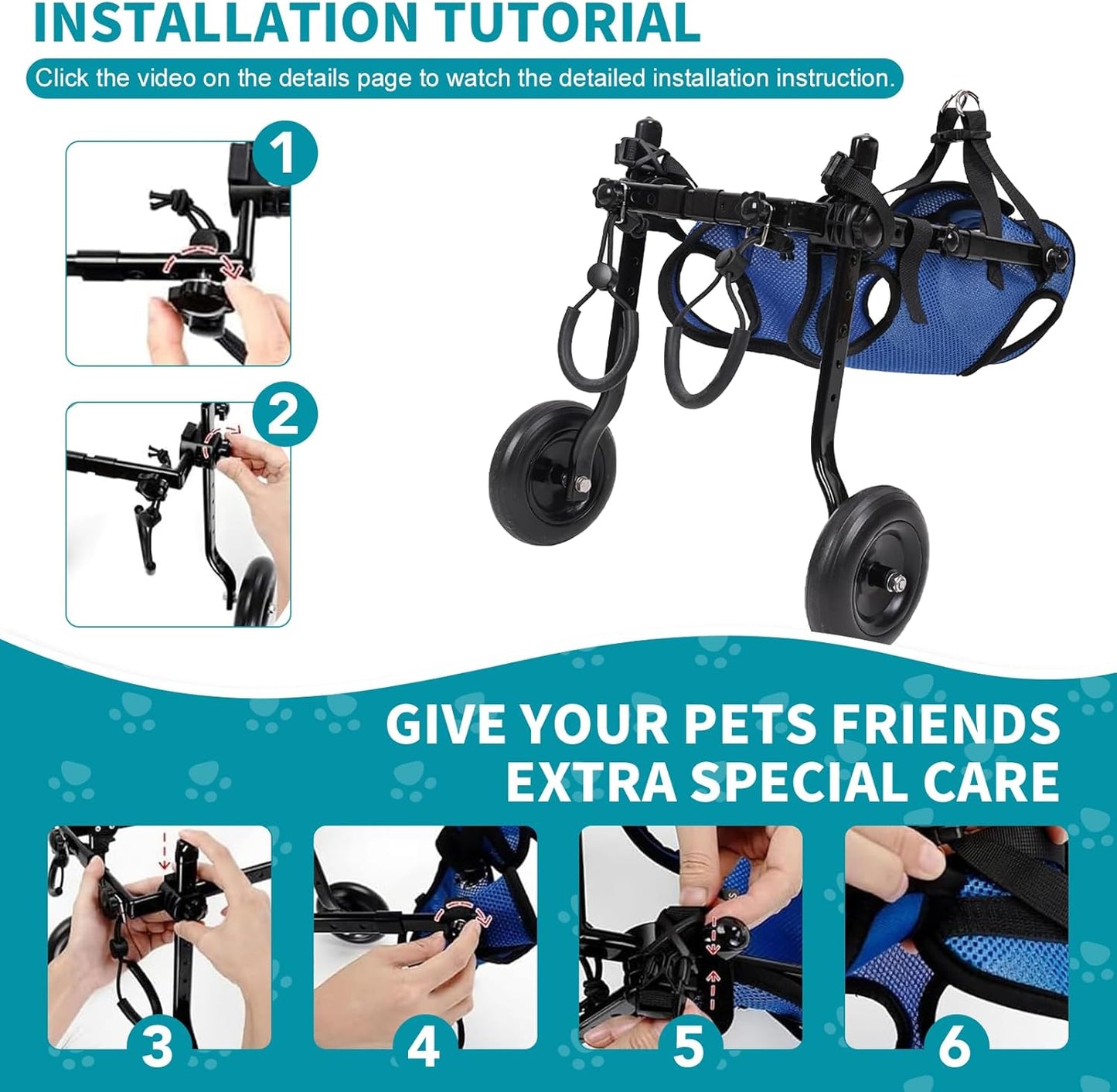 Dog Wheelchair for Back Legs with Pet Traction Rope, X-Small Wheelchair for Dogs with Disabled Hind Legs Walking Adjustable Dog Carts with Heavy Duty Wheels