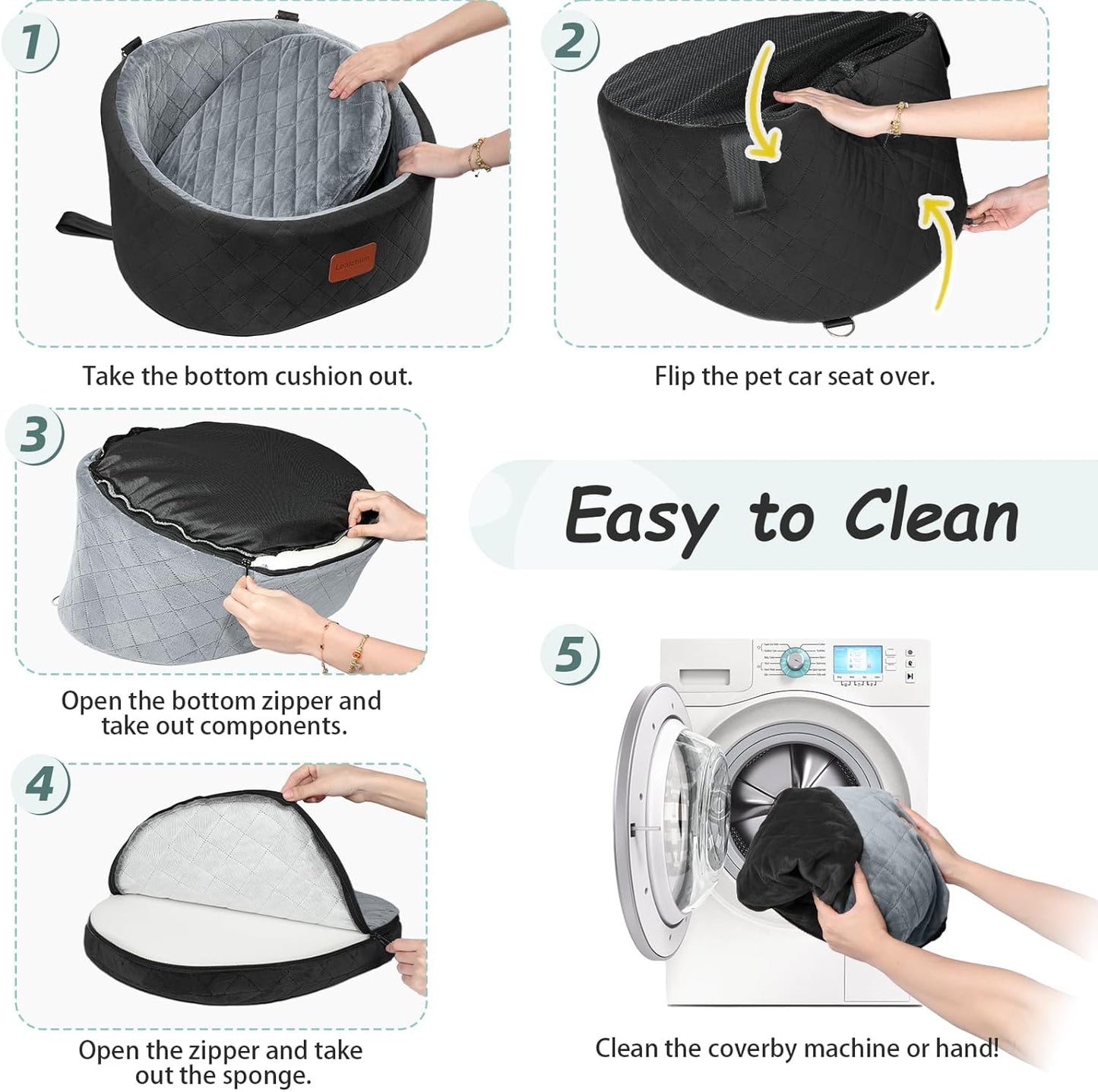 Dog Car Seat for Small Dogs Up to 30 Lbs,Ultra Soft Fabric Fill in Comfy Memory Foam,Happy Pet Ride,2 Safety Dog Leashes,Fully Detachable and Washable,Anti Slip Base(Black/Grey)