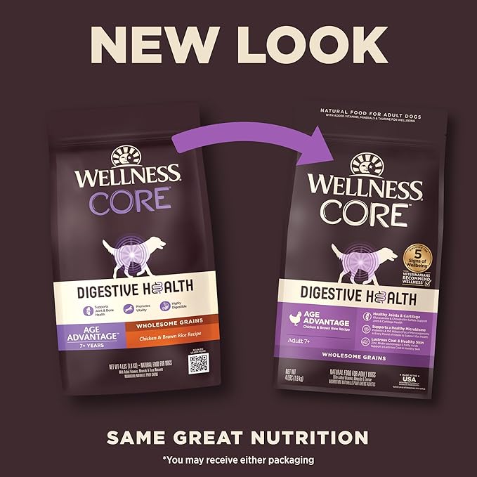 Wellness CORE Digestive Health Senior Dry Dog Food, Wholesome Grains, Natural, Recipe for Dogs with Sensitive Stomachs, Age Advantage Chicken & Brown Rice, (4-Pound Bag)