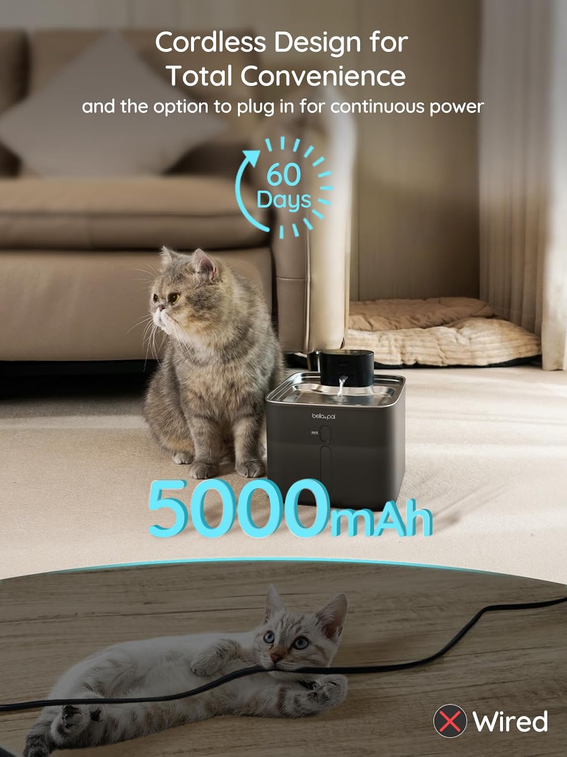 BELLA & PAL Wireless Cat Water Fountain: 4.2L/142oz Stainless Steel, 5000mAh Rechargeable Battery, Smart Motion Sensor, Quiet Integrated Pump, Easy to Clean, Mult-Pet Water Dispenser for Cats or Dog