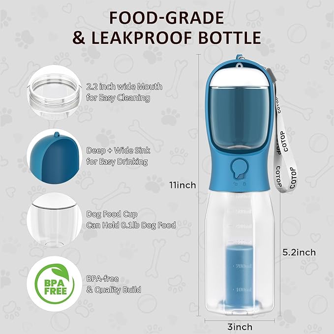 20oz Dog Water Bottle with Food Container & Poop Bag Dispenser | Leak-Proof Portable Pet Water Dispenser with Carabiner Clip | for Walking, Hiking, Travel (Dark Blue, 20oz)