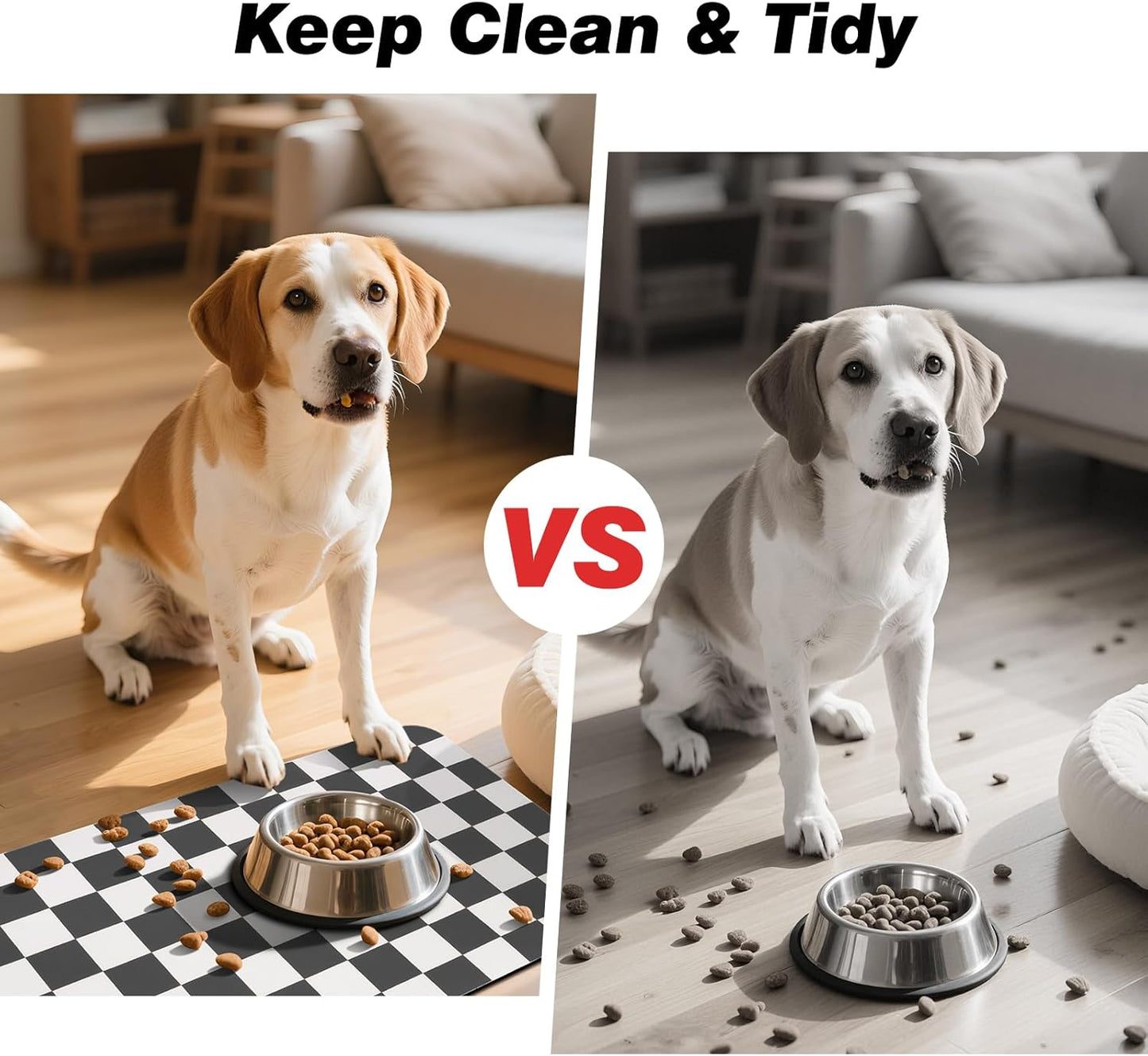 Checkered Pet Feeding Mat, Absorbent Dog Mat for Food and Water Bowls Dispenser 17" x 32" Black