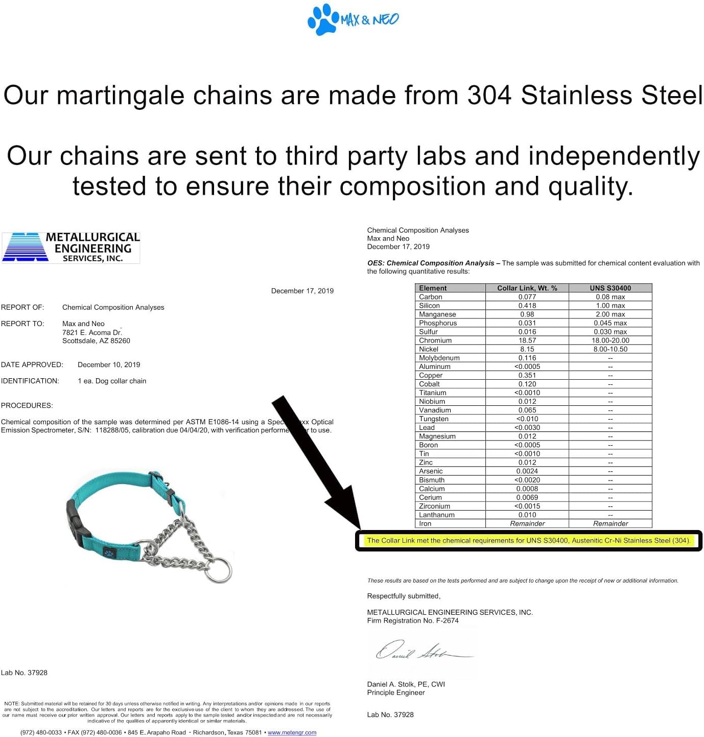 Max and Neo Stainless Steel Chain Martingale Collar - We Donate to a Dog Rescue for Every Collar Sold (Medium, Teal)