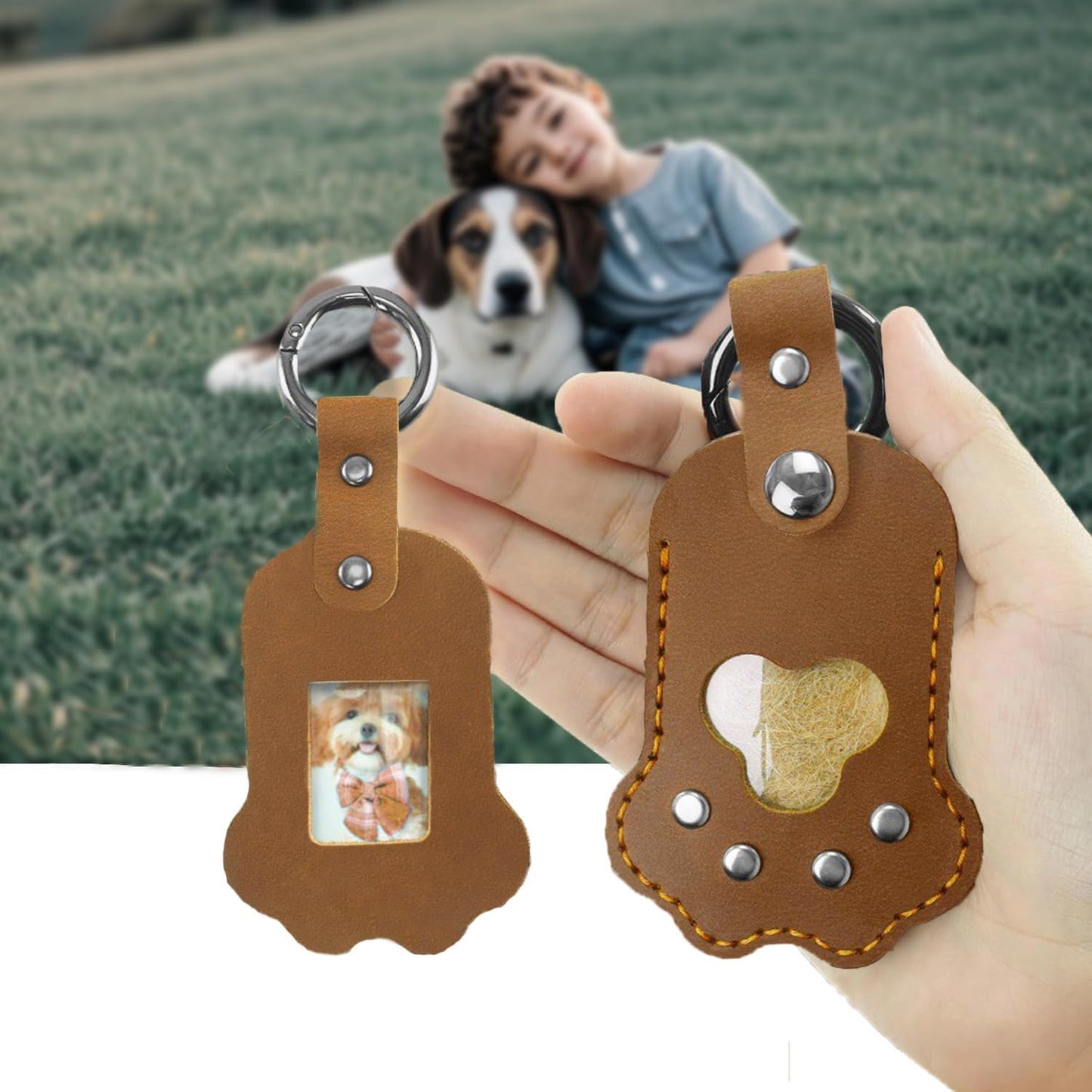 Leather Pet Memorial Keychain, Cat & Dog Hair Keychain, Cute Paw Shaped Keychain, Pet Memorial Gift for Pet Lovers, Key Holder with Collecting Pet Fur and Photo