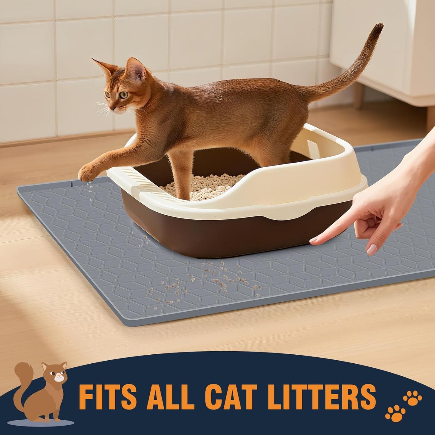 Large Cat Mat for Litter Box, 34"x22" Waterproof Silicone Mat with Litter Trapping, Easy Clean & Non-Slip Floor Pad for Cats (Black)