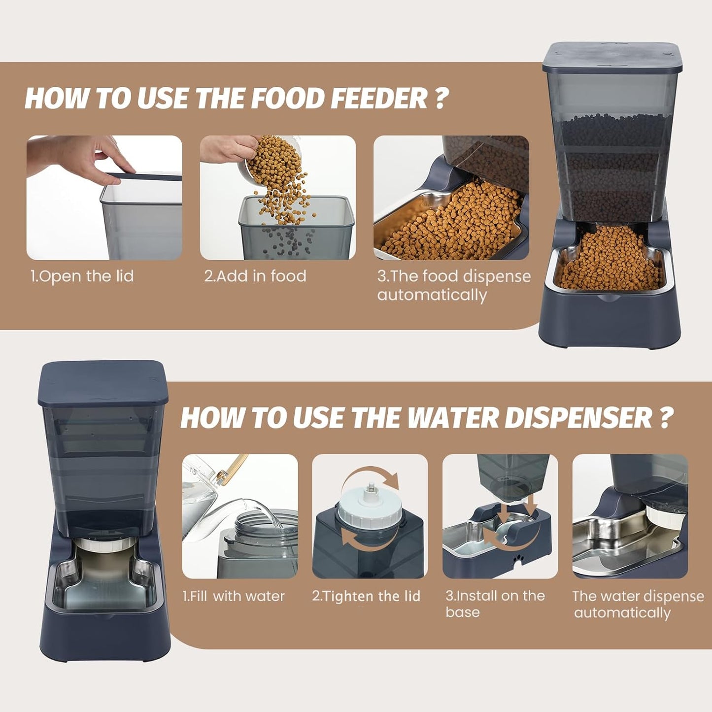 Automatic 5.4L/1.4Gal Pet Waterer, Automatic Dog Water Dispenser Gravity Stainless Steel Water Feeder, Large Capacity Feeding Bowls for Cats and Medium & Large-Sized Dogs (Black, Food+Water)