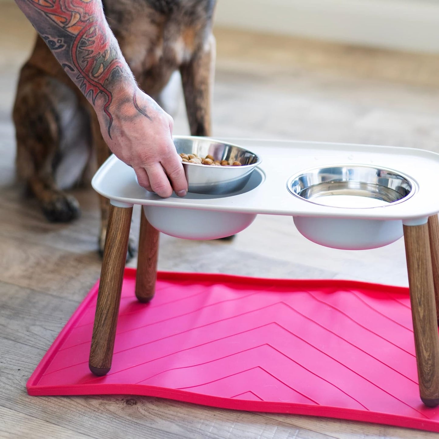 Messy Mutts Silicone Non-Slip Dog Bowl Mat with Raised Edge and Two Sides Reinforced with Metal Rods | Dog/Cat Bowl Mat with Spill-Proof Lip | Large, 24” x 16” | Watermelon