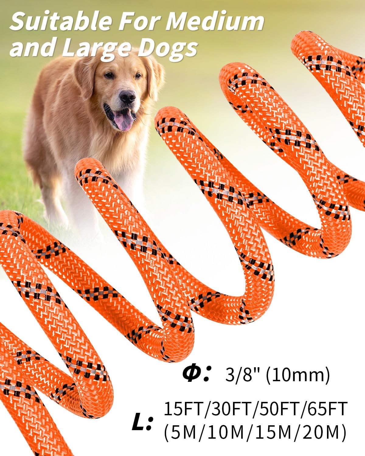 Joytale Long Leash for Dog with Removable Padded Handle, Heavy Duty Lead for Large Medium Dogs,15FT/30FT/50FT/65FT Reflective Training Leash for Play, Camping, Backyard Tie Out, Orange, 30FT
