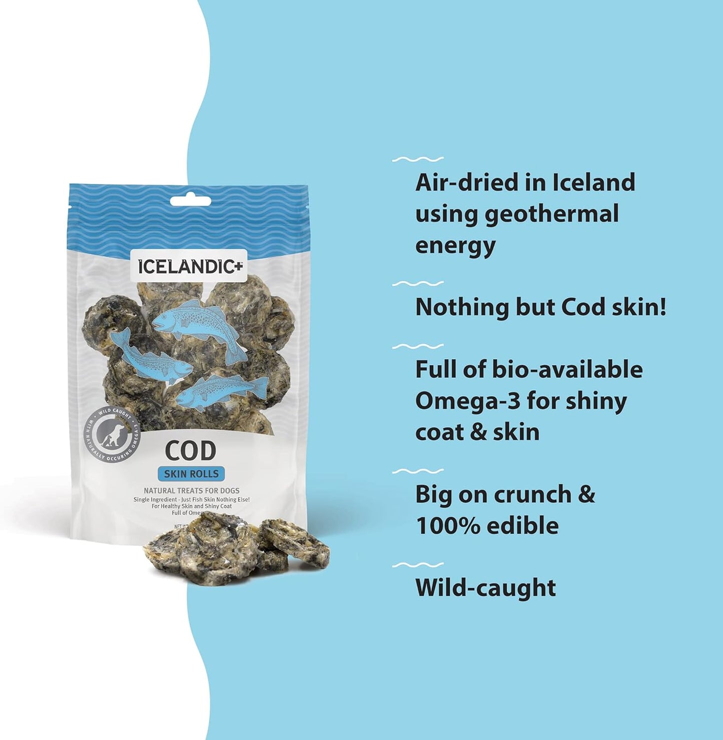 Icelandic+ Skin Rolls: Cod - 3oz Bag, Dog Treats, Pure Wild-Caught Air-Dried Fish, Single Ingredient Snacks, Pe Chews, Just The Fish Nothing Else