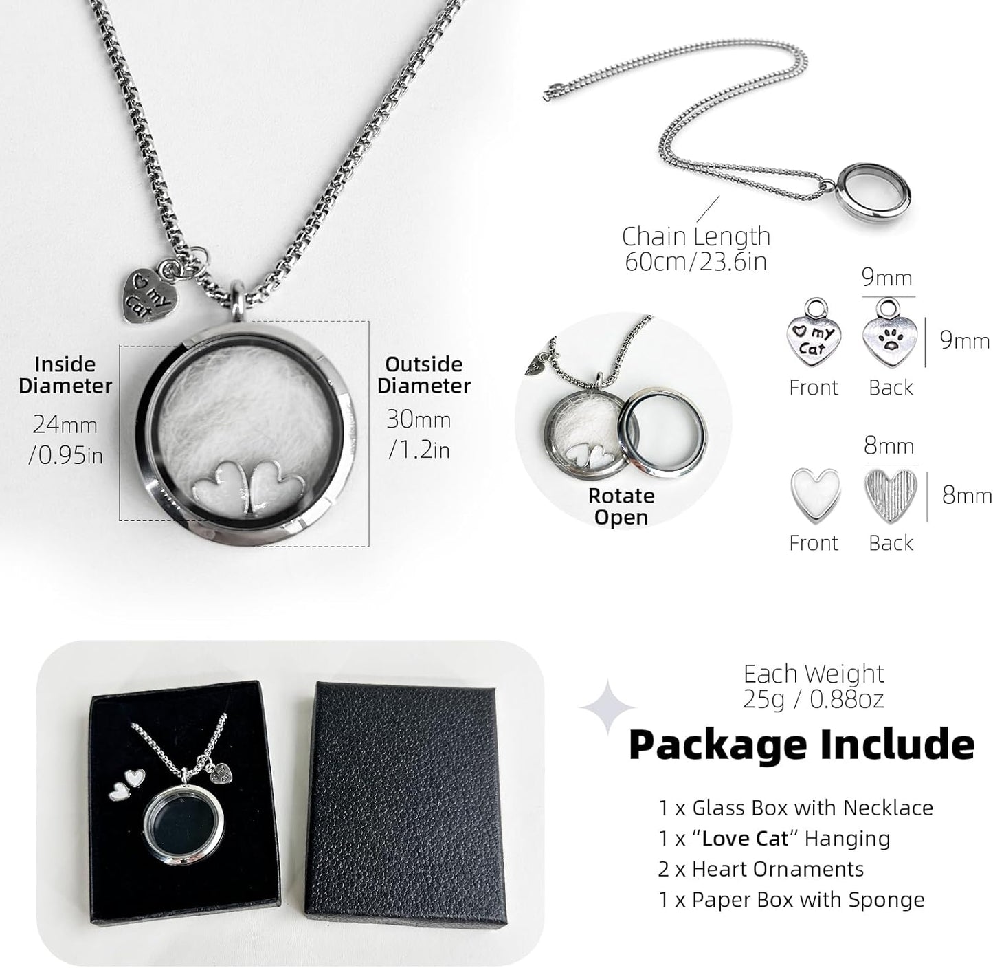 Pet Fur Memorial Necklace, Cat Hair Ashes Keepsake Necklace, Small Pet Urn Pendant Vial Necklace for Ashes, Dog Fur Memorial Necklace Jewelry, Dog Ash Small Urn Glass Necklace (Cat)