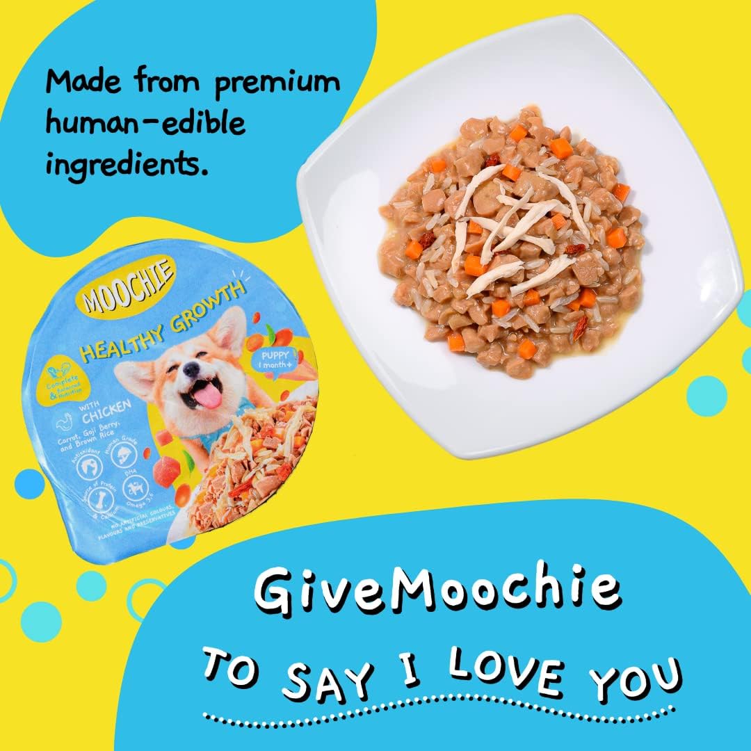 MOOCHIE Healthy Growth Wet Puppy Food - Soft Dog Food - Made with Real Chicken, Beef, Vegetables and Rice - No Added Preservatives or Artifical Flavors - 12 x 3 oz Cup