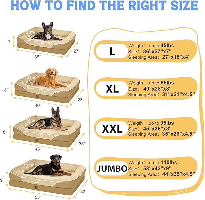 Washable Orthopedic Large Dog Bed -XL Large Dog Bed with Removable & Waterproof Cover Pet Beds with Foam Support for Big Size Dogs with Bolster