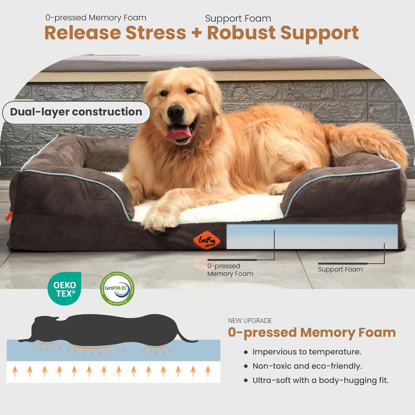 Laifug Large Orthopedic Premium Memory Foam Dog Bed, Dog Sofa with Washable and Removable Suede Cover, Waterproof Liner and Non-Slip Bottom Light Brown, X-Large(44''x34''x9'')