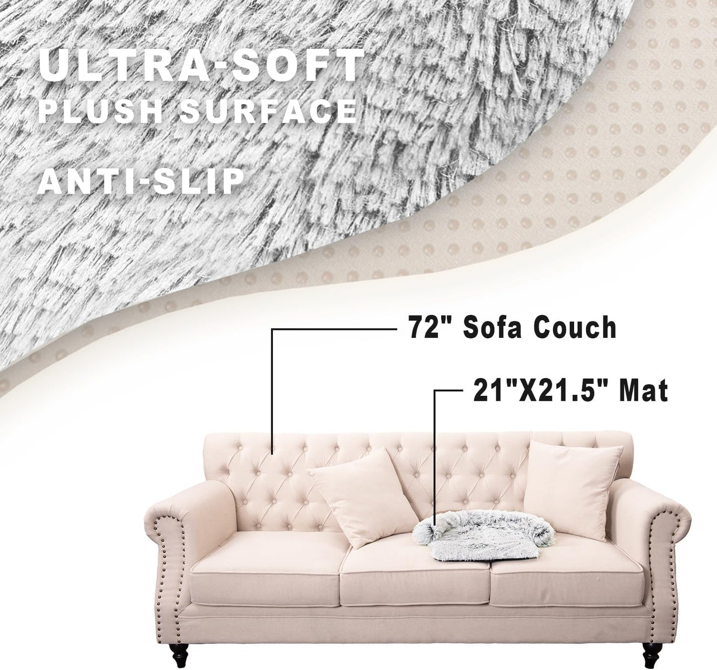 Calming Dogs/Cats Bed Mats, Dog Pad Washable Removable Couch Cover, Plush Long Fur Mat for Pets, Waterproof Lining, Perfect for Small, Medium and Large Dogs and Cats (Light Gray, 21"x21")