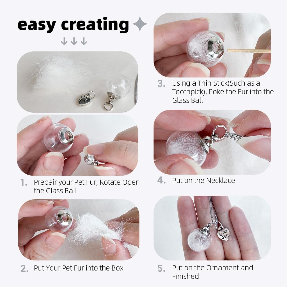 Dog Fur Memorial Necklace, Pet Hair Memorial Glass Ball Necklace with Love Pendant, Dog Ash Small Urn Jewelry (Glass Ball - Dog)