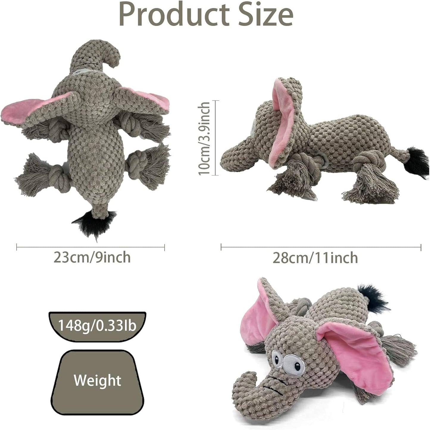 AIMETING Dog Toys, Durable Dog Chew Toys, Dog Squeak Toy with Fun Crinkle Paper, Plush Toys Suitable for Small, Medium, Large Dogs (Elephant)