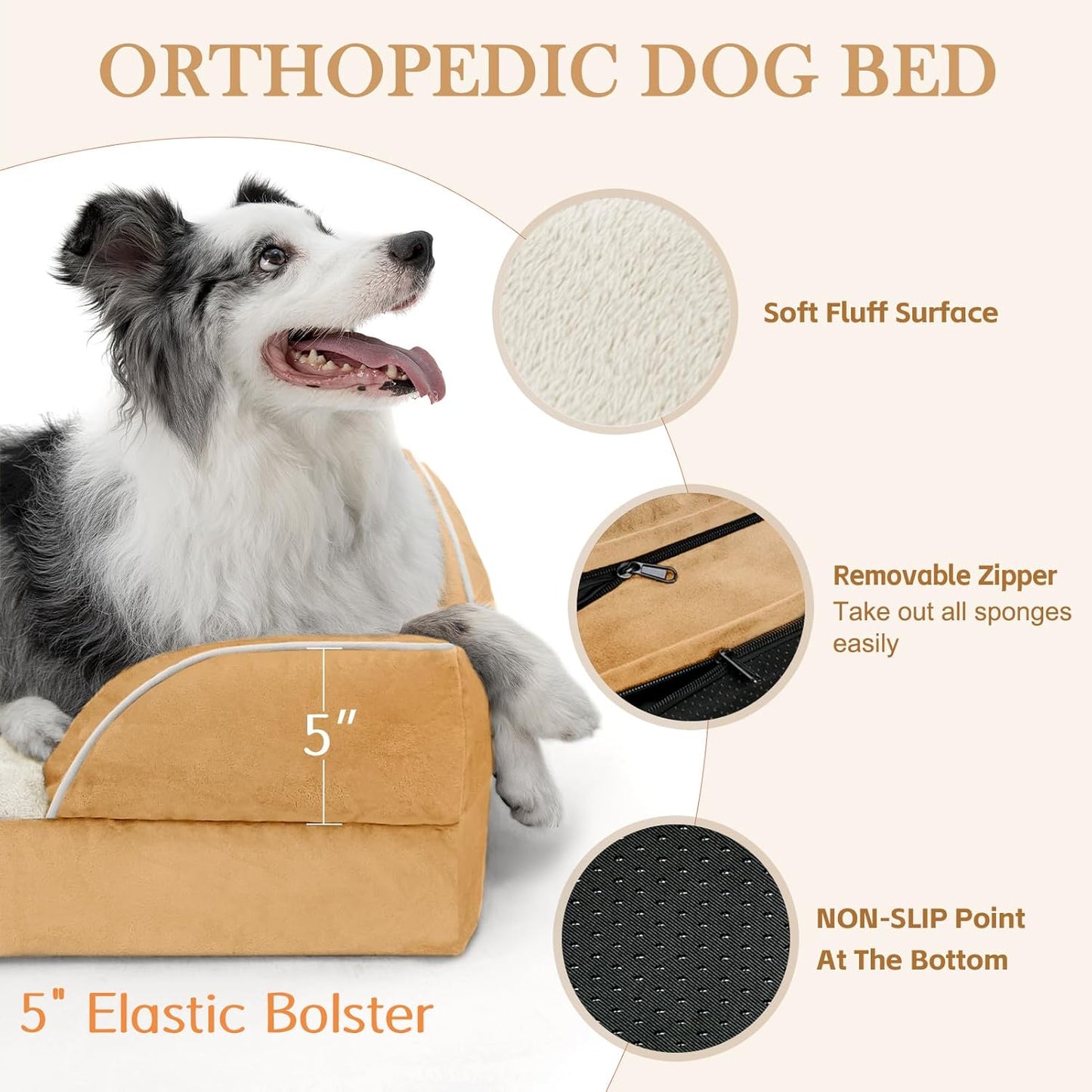Comfort Expression Orthopedic Dog Bed for Extra Large Dogs 45x35 Inch, Waterproof Supportive Egg Crate Foam XL Pet Bed with Removable Bolsters, Dog Couch with Washable Cover & Non-Slip Bottom, Caramel