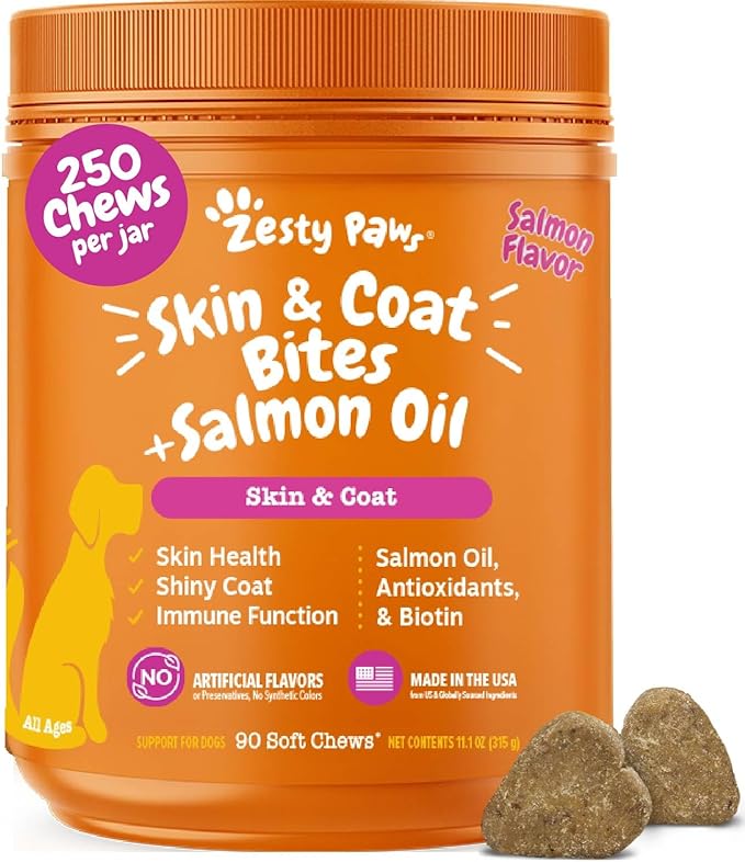 Zesty Paws Salmon Oil for Dogs Skin and Coat, Omega 3 Fish Oil Chews, Dog Allergy Relief Chews, Itch Relief Supplement, 250 Count, Salmon Flavor