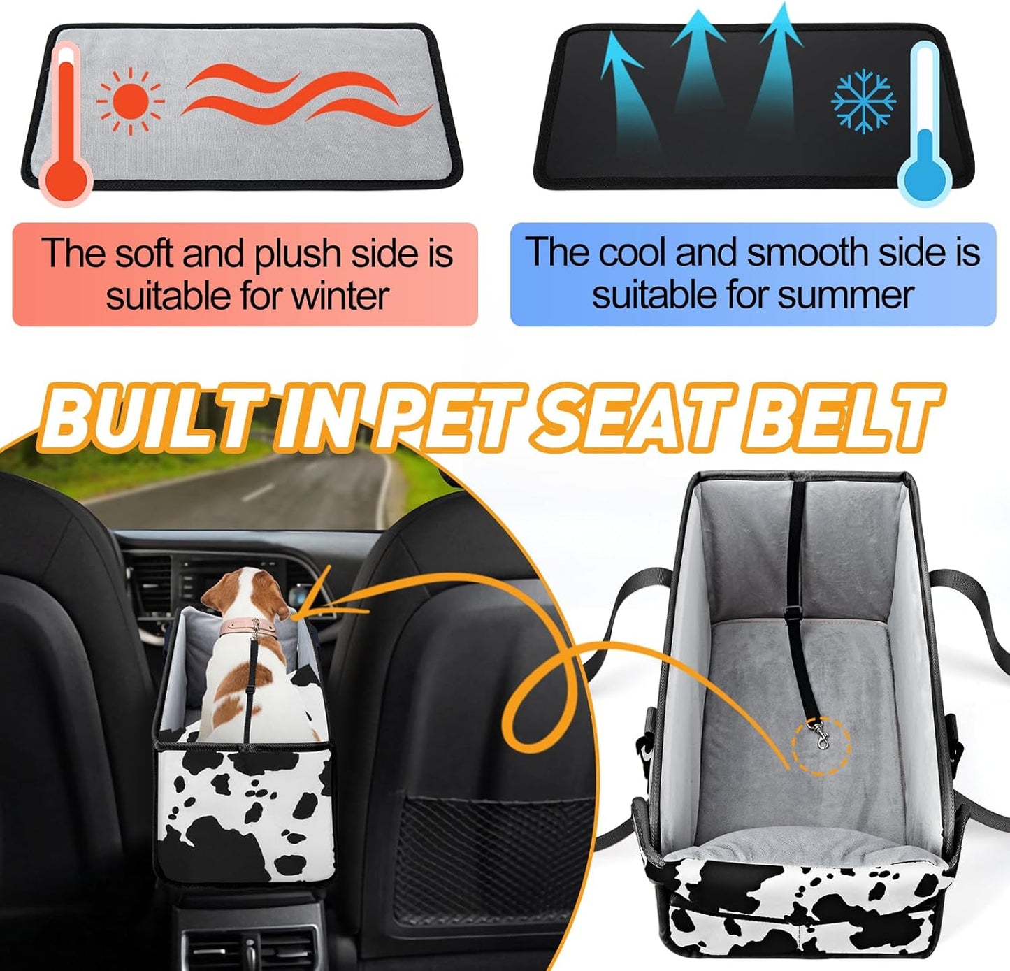 Portable Dog Car Seat for Small Dogs - Adjustable Safety Leash, Washable Cushion & Storage Pocket - Pet Booster Seat for Car Travel- Cow Pattern