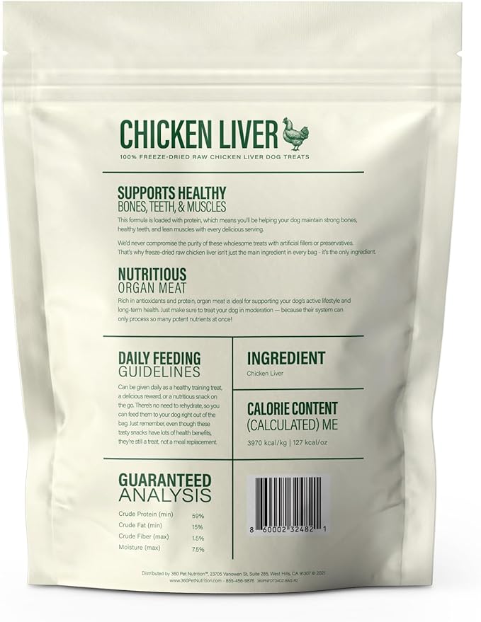 360 Pet Nutrition Freeze-Dried Raw Chicken Liver Dog Treats – Single Ingredient, High Protein, Grain-Free, All-Natural Training Snacks, Made in USA, 4 oz