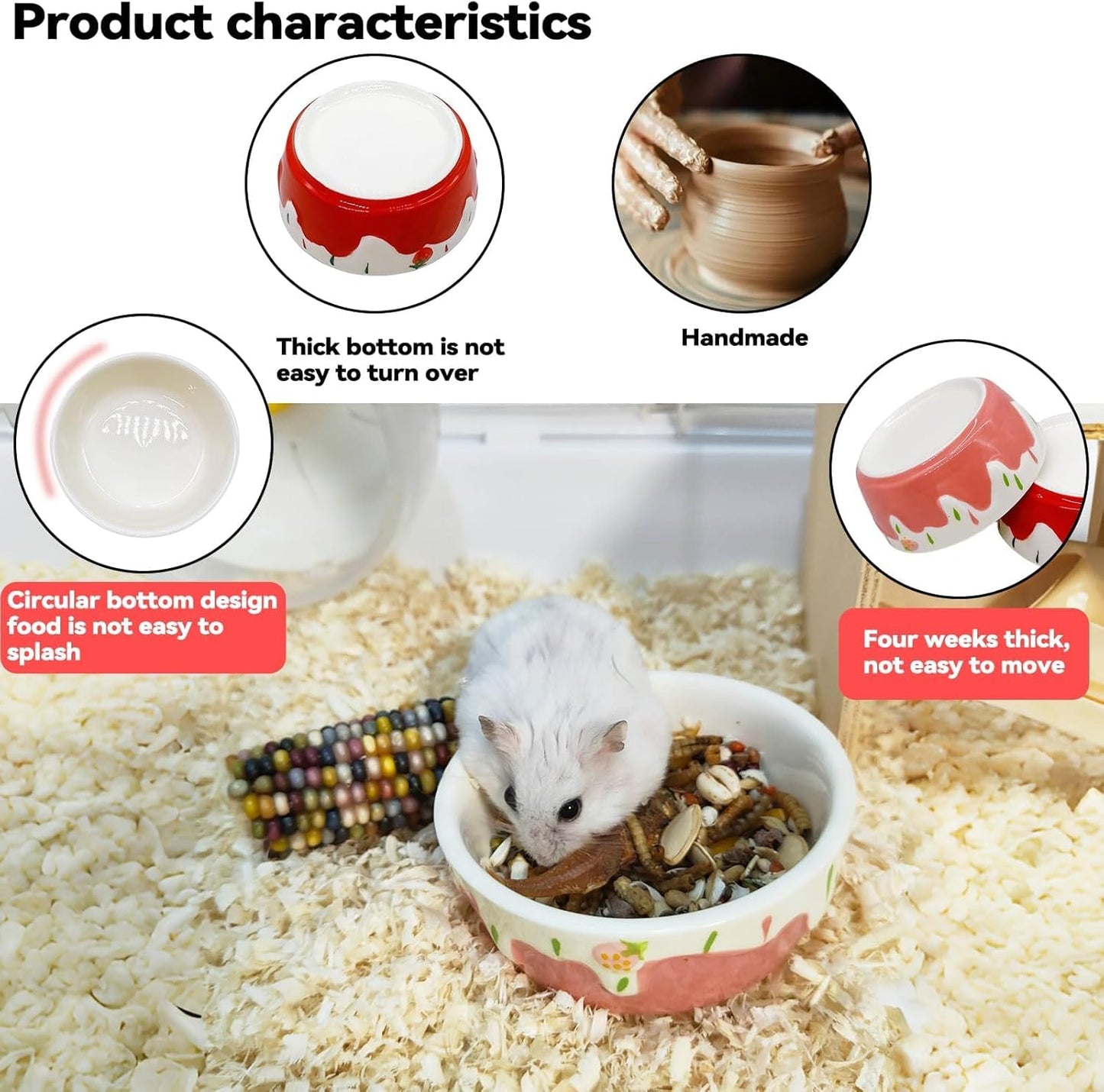2 Pack Hamster Food Bowl Small Animals Ceramic Food Water Bowl Prevent Tipping Moving for Gerbil Chinchilla Hedgehog Rat (Color: Pink + Red)