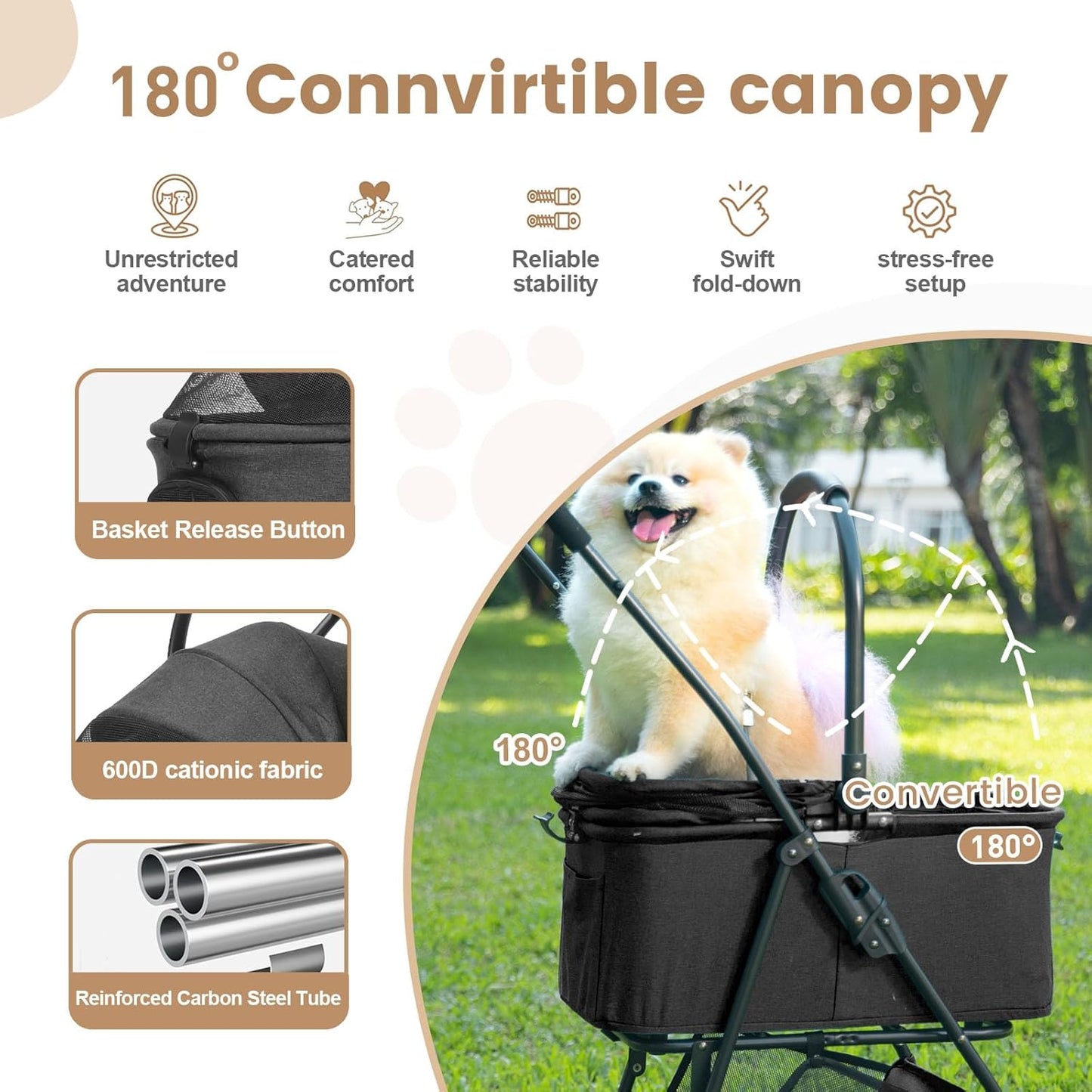 Pet Stroller, 4 Wheels Pet Strolling Cart for Medium/Small Dogs and Cats, Foldable Cat Jogger/Dog Stroller with Cup Holder, Storage Basket, Breathable Mesh, All-Season Pet Carrier (Black)
