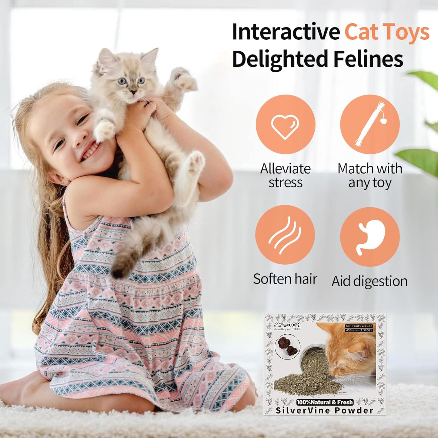 Cat Toys - Silvervine Powder 45g with 5 Resealable Pouches, Catnip Alternative, 100% Natural Silver Vine Gall Fruit Powder, Matatabi Cat Toy, Suitable for All Cat Ages