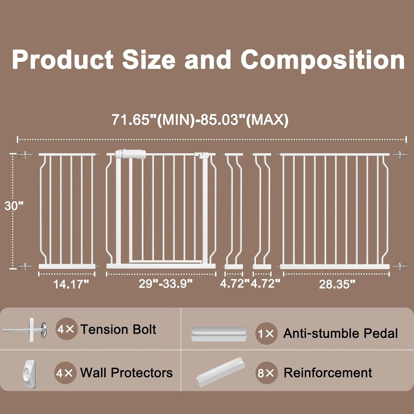 WAOWAO 71.65-85.03" Baby Gate Extra Wide Pressure Mounted Walk Through Swing Auto Close Safety Metal White Toddler Kids Child Dog Pet Puppy for Stairs,Doorways,Kitchen