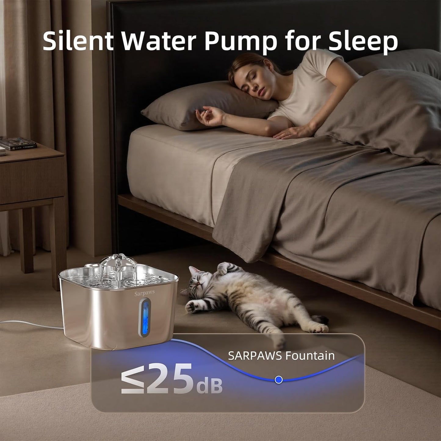 Cat Water Fountain Stainless Steel:74oz/2.2L Water Fountains for Cats Indoor, Cat Fountains for Drinking, Ultra-Quiet, Water Level Window, Pet Water Fountain - 2 Filters + 2 Sponges