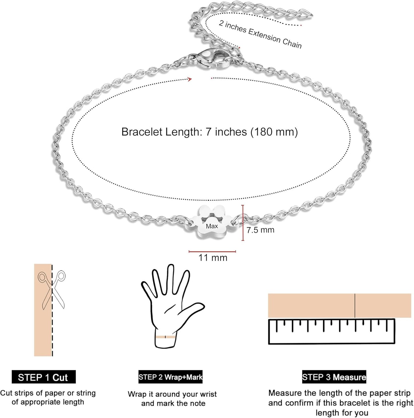 MeMeDIY Personalized Paw Print Bracelet for Women Engraved 1-5 Names Dog Cat Pet Paw Bracelet Adjustable Chain Dog Jewelry Memorial Gifts for Pet Lovers